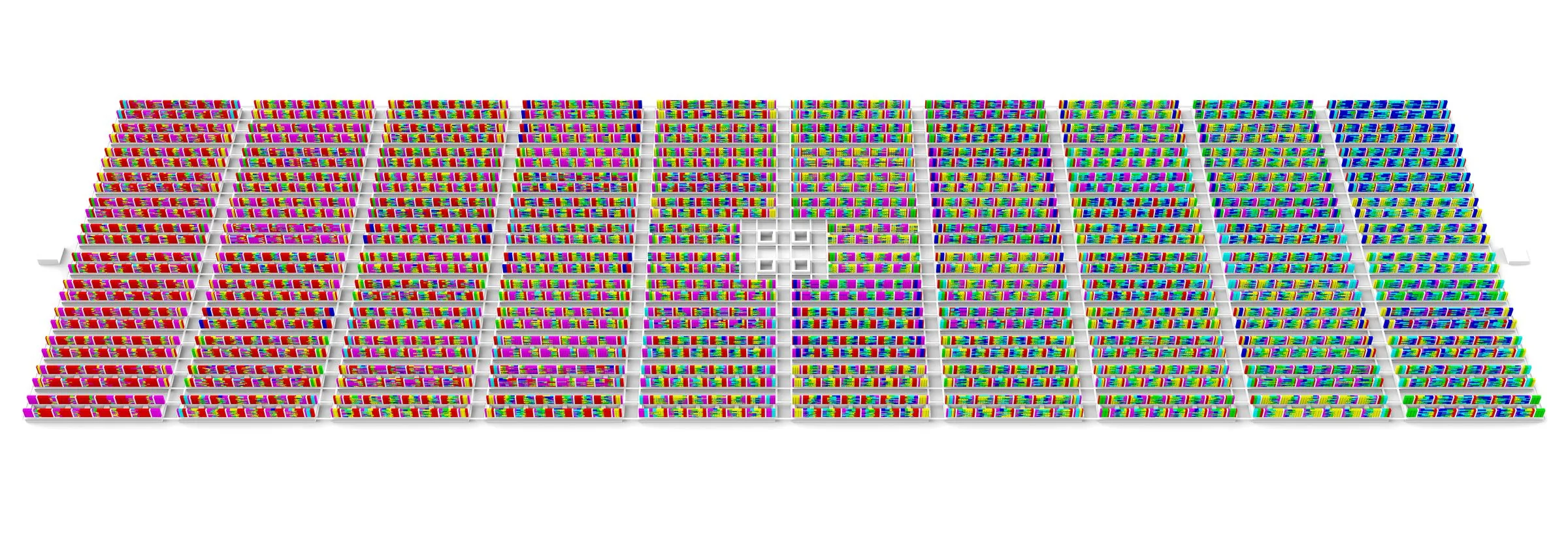 A long strip of colored rectangles: the cells of the Vertical City sorted by color