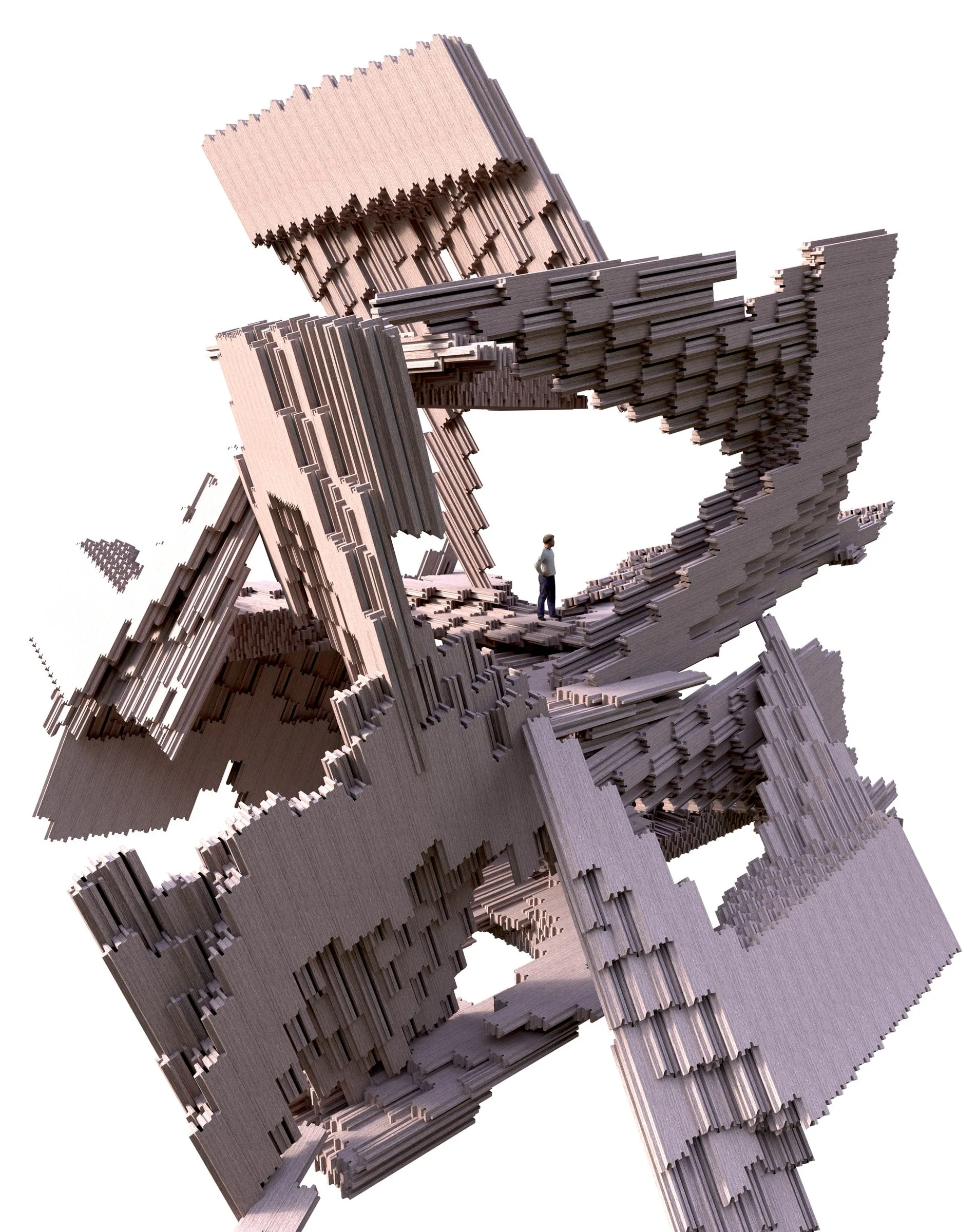 Rendering of the house from above: frames of striated mauve strips climbing and crossing, a small figure on one of the landings