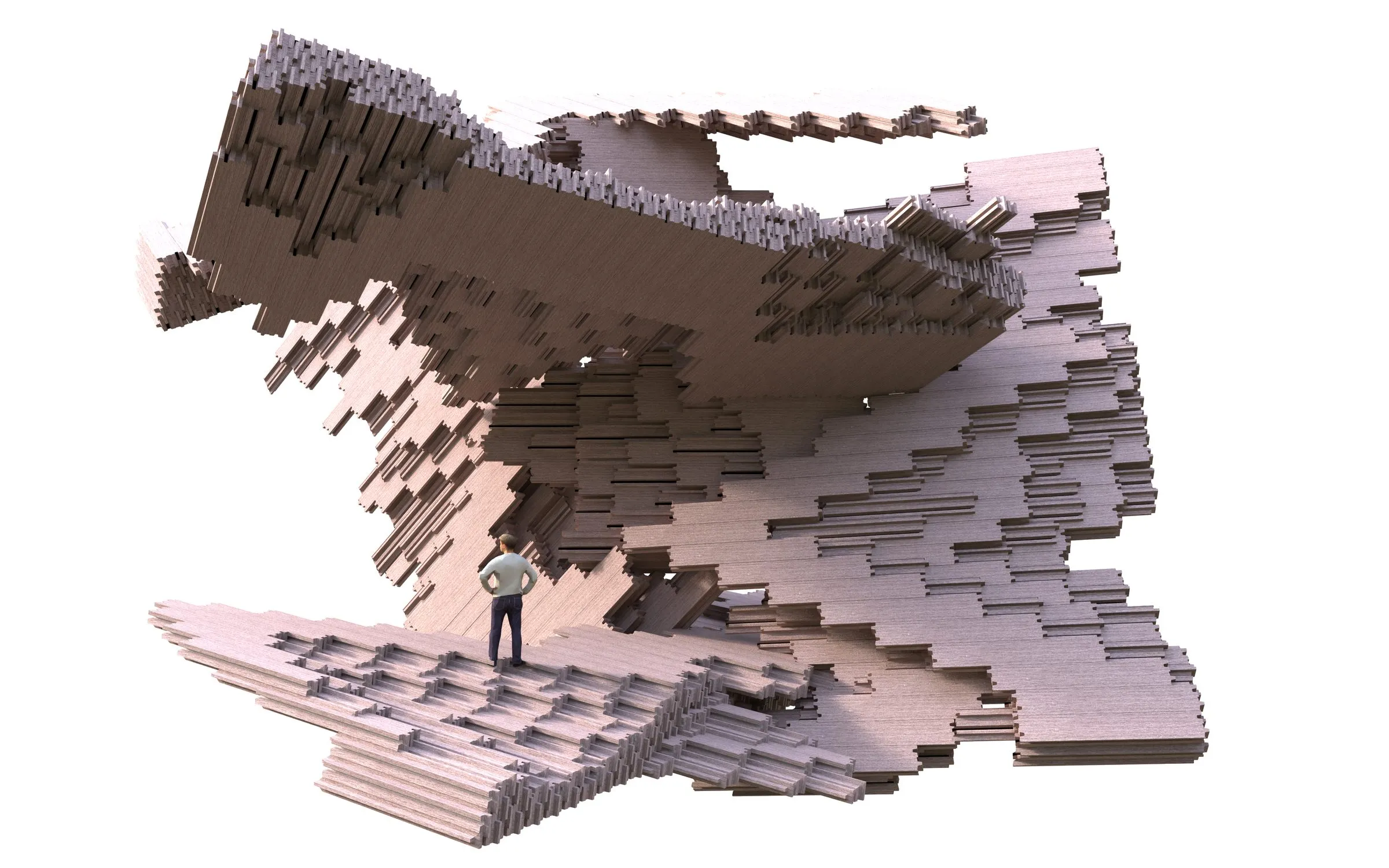 Rendering of the House of Frames in mauve: stacked, stepped frames forming a sheltered terrace on which a figure stands