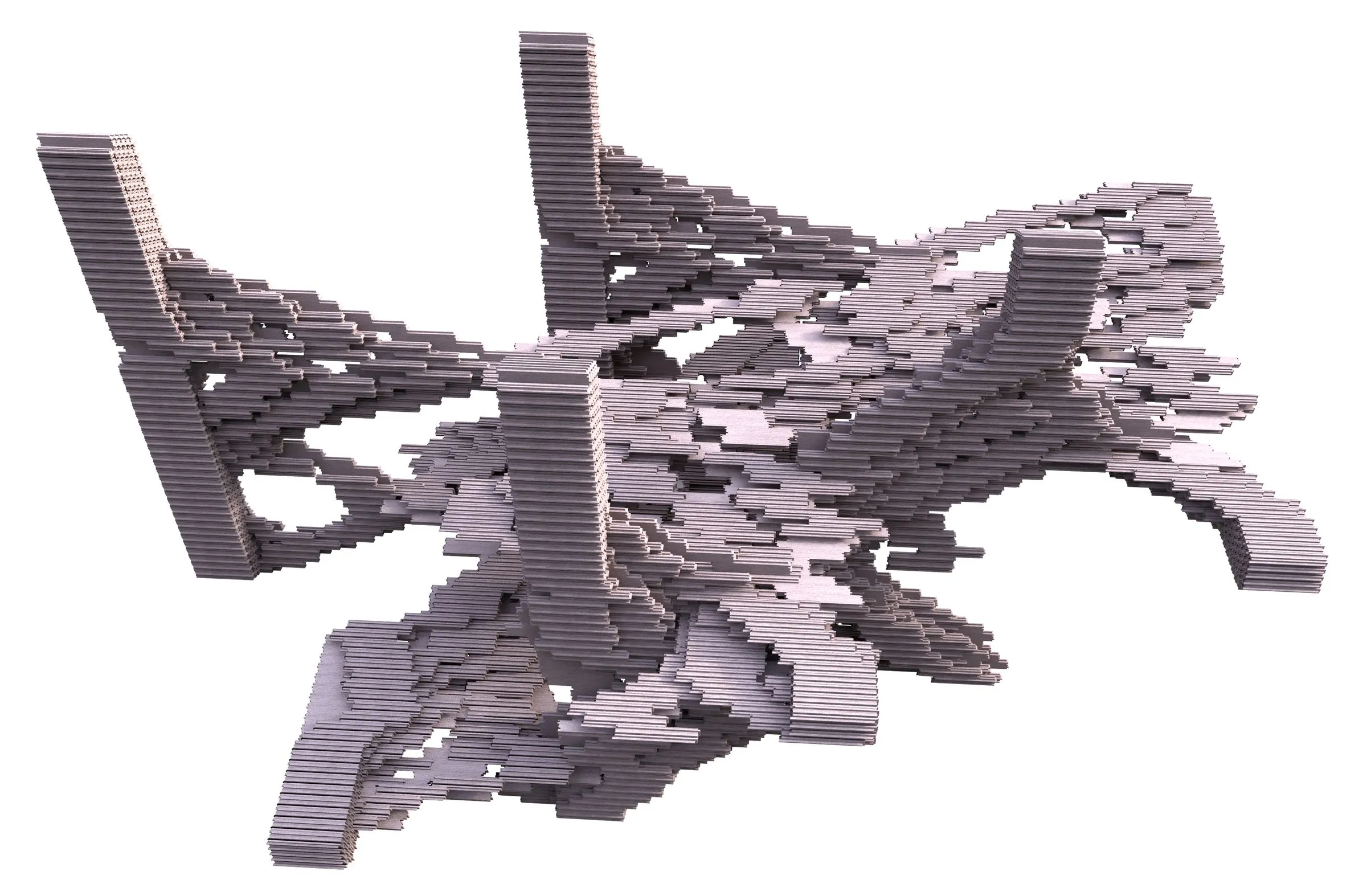 Rendering of a branching aggregate of striated frames seen from above, on white
