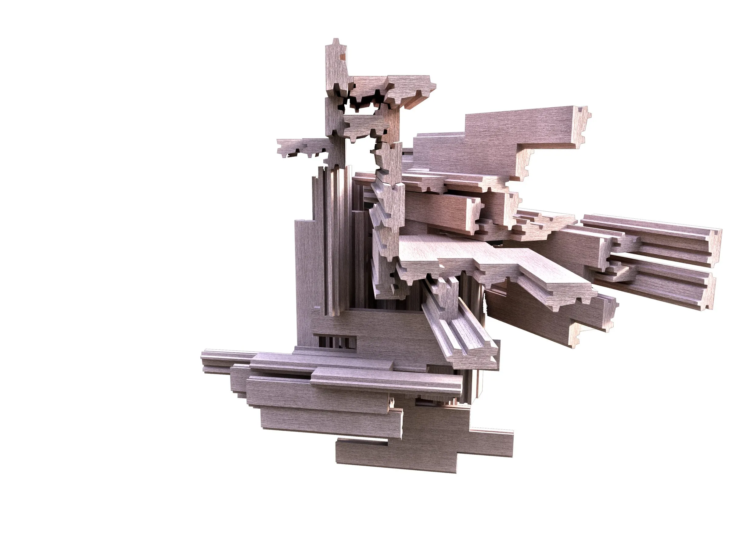 Rendering of a loose stack of striated bars and frames, seen from the side
