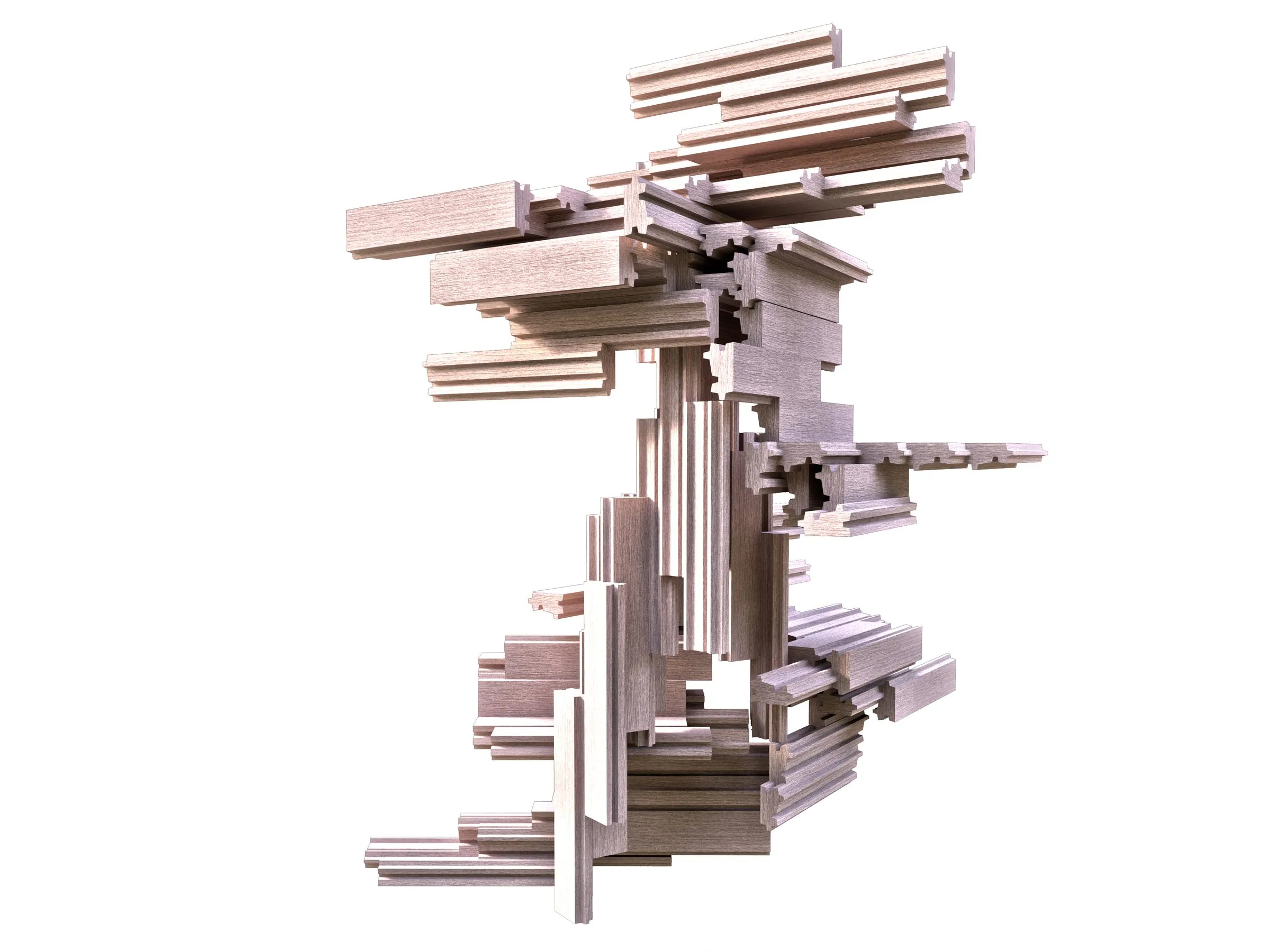 Rendering of a tall, narrow stack of striated frames, seen from the side