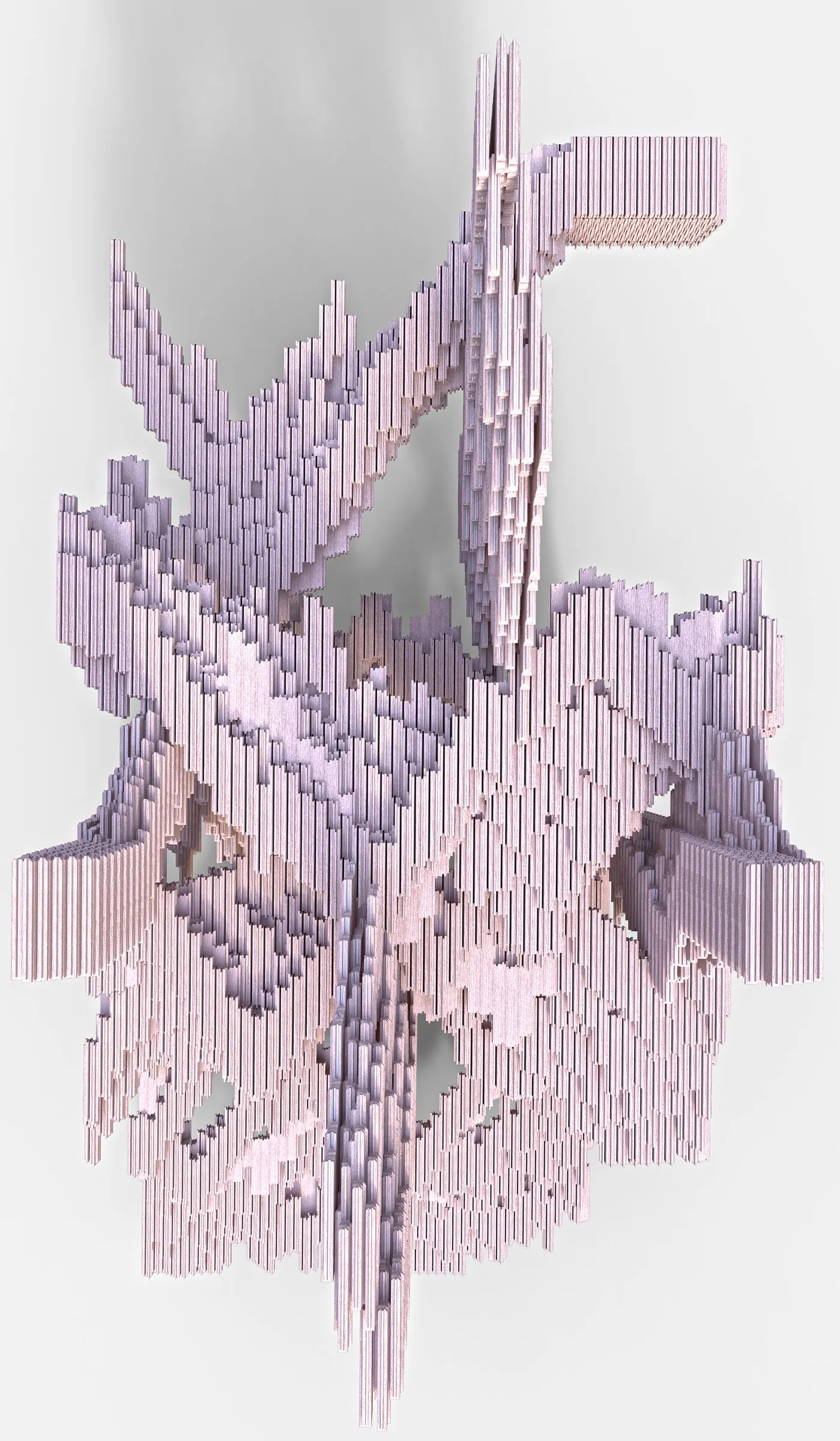 Rendering of an early study: striated mauve frames branching in several directions against a grey ground