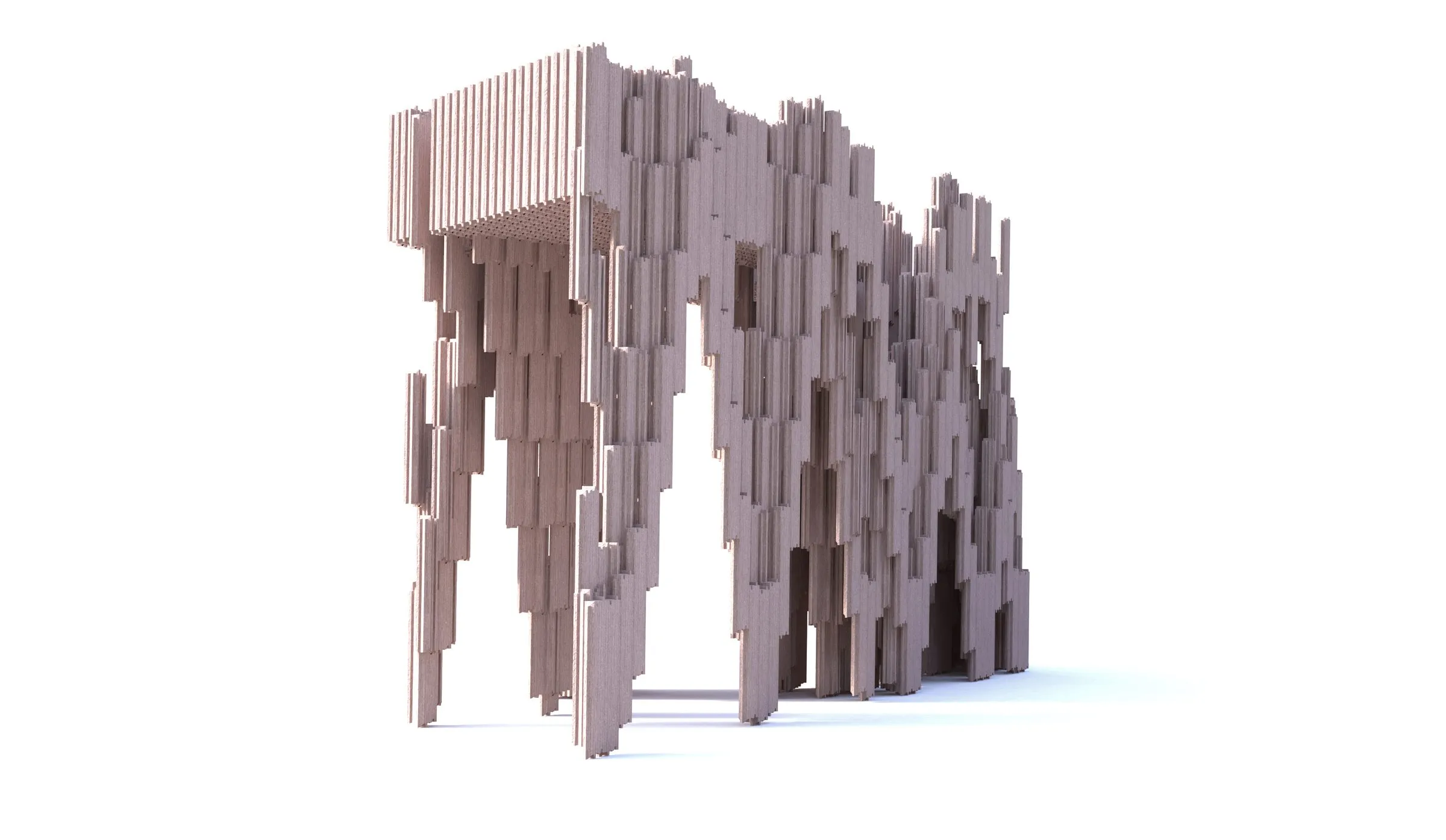 Rendering of a table-like frame whose legs and top are bundles of vertical strips of different lengths