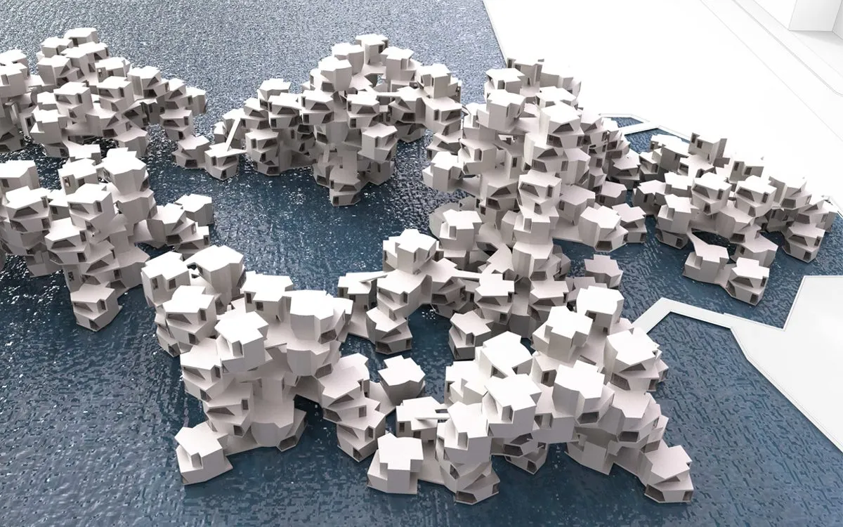 A white aggregate model of housing parts spreading across a dark blue ground