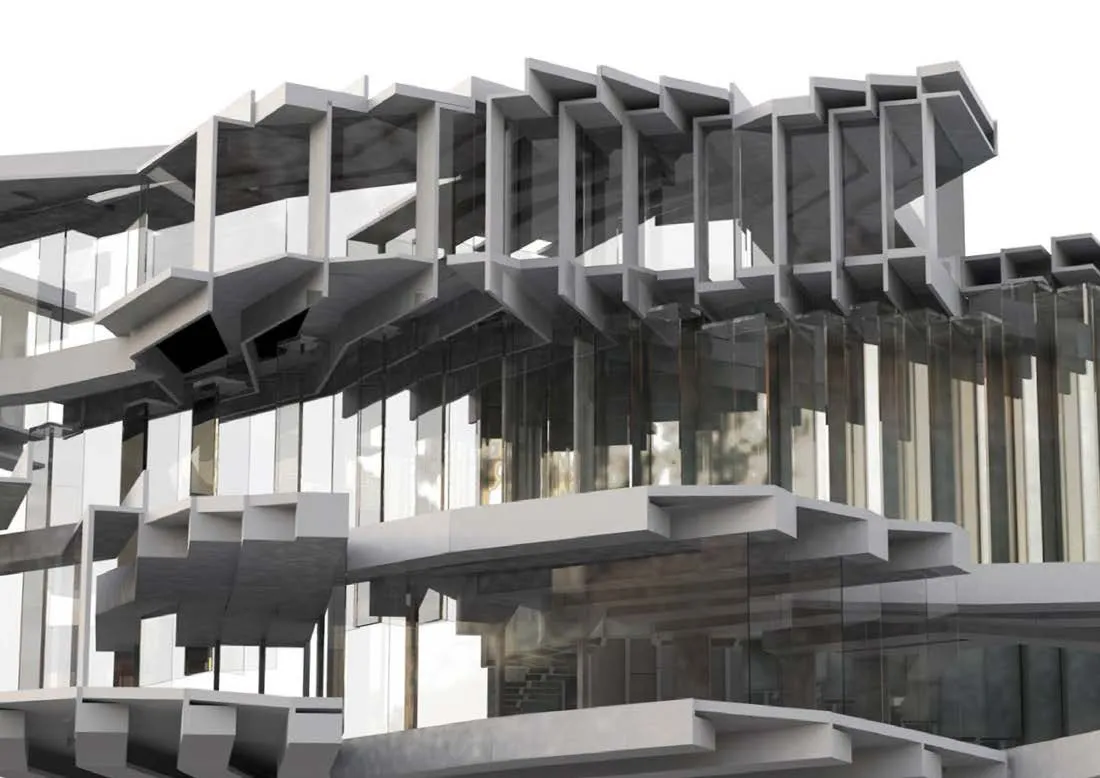 Close rendering of the layered facade: stacked slabs, thin columns and glass between them