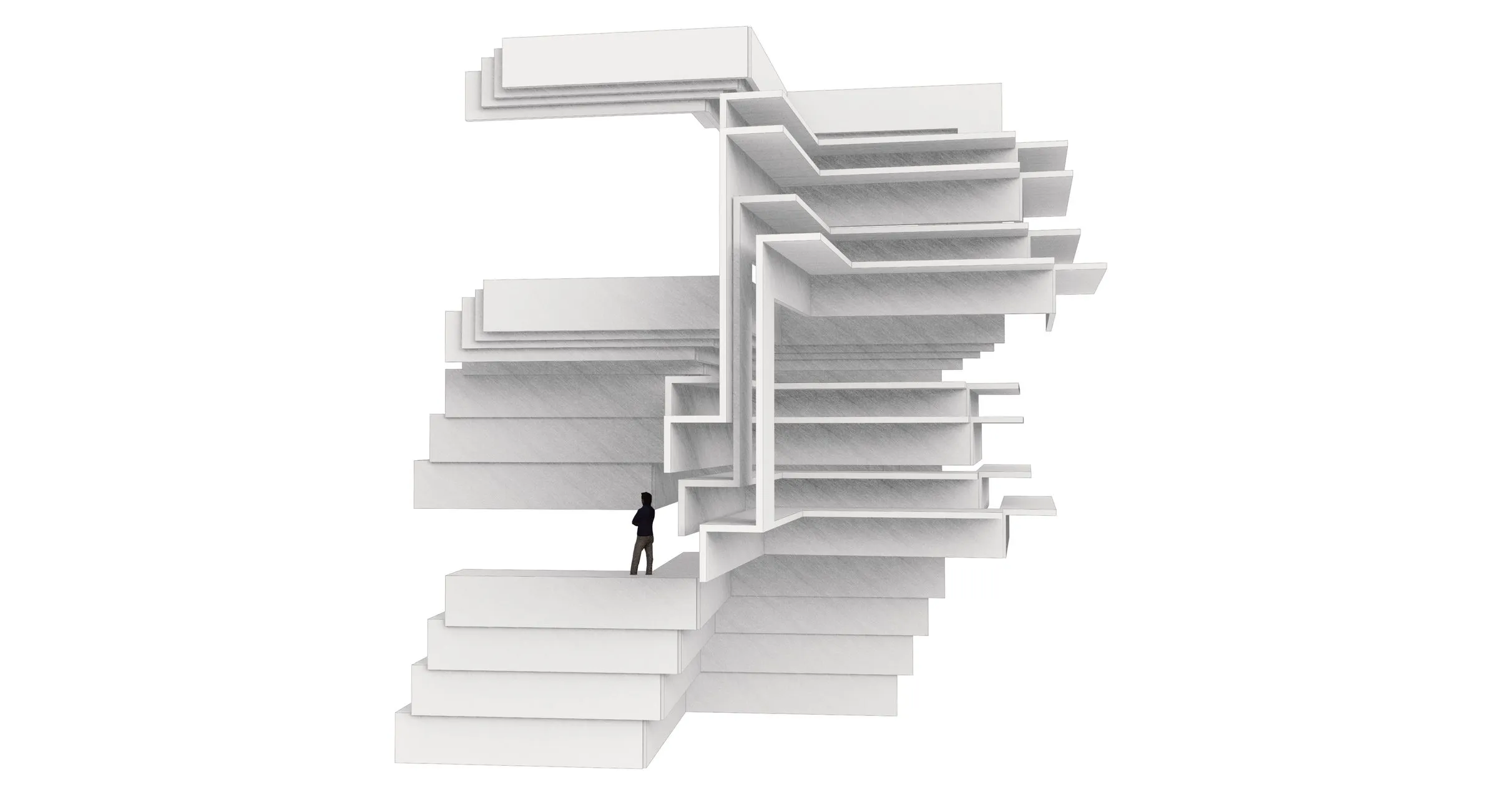 White rendering of one building part: a stair rising into a stack of wide slabs, one figure on the stair