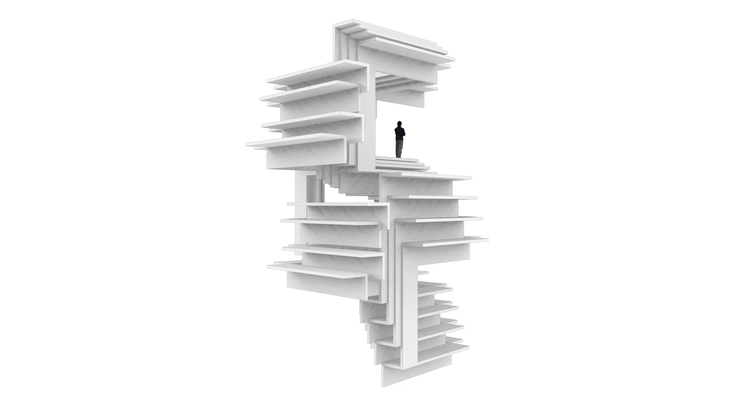 White rendering of one building part: a tall stack of slabs around a central core, one figure on a ledge halfway up