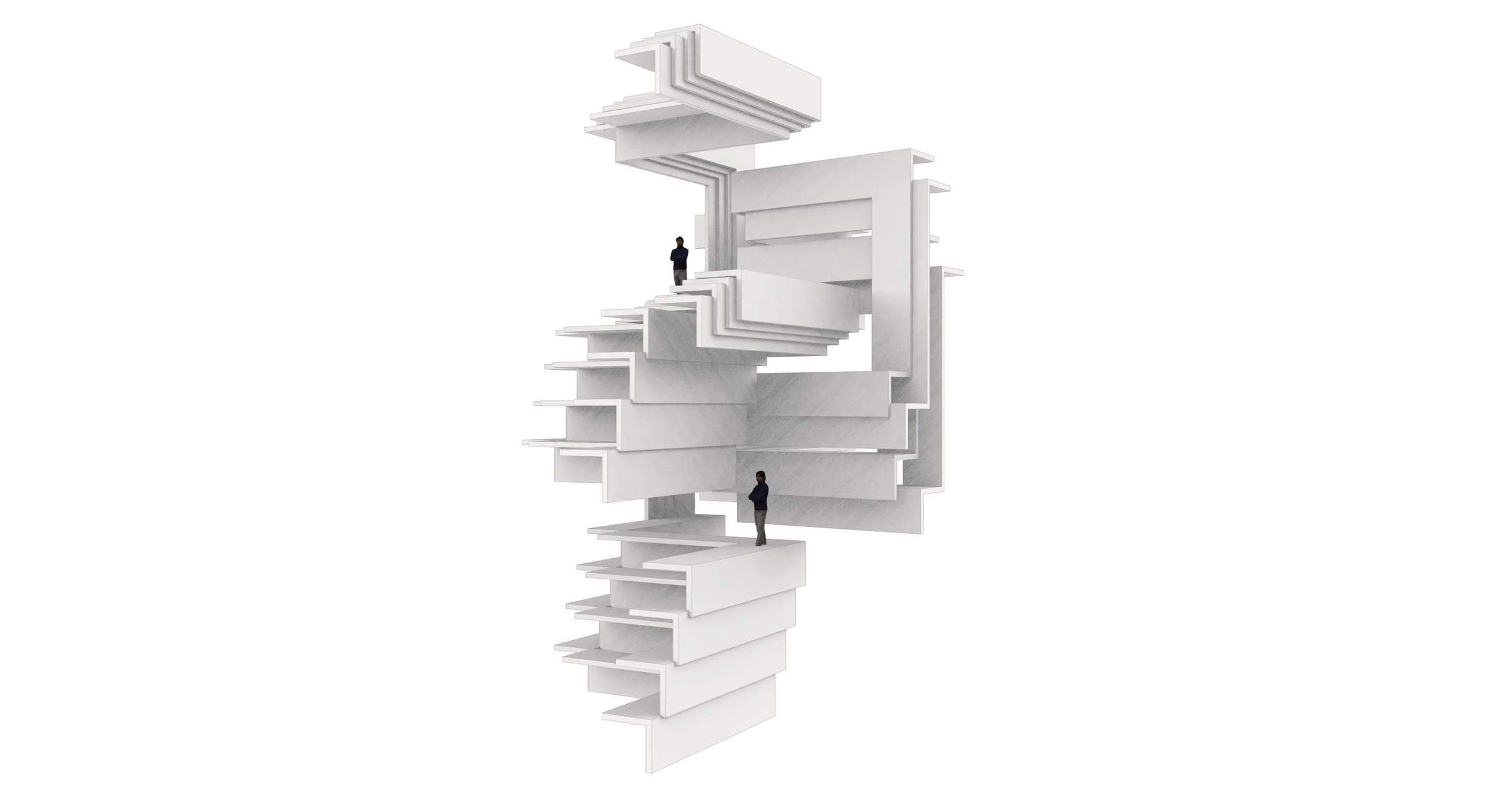 White rendering of one building part: a stair at the base, a landing and slabs cantilevering above it, two figures for scale