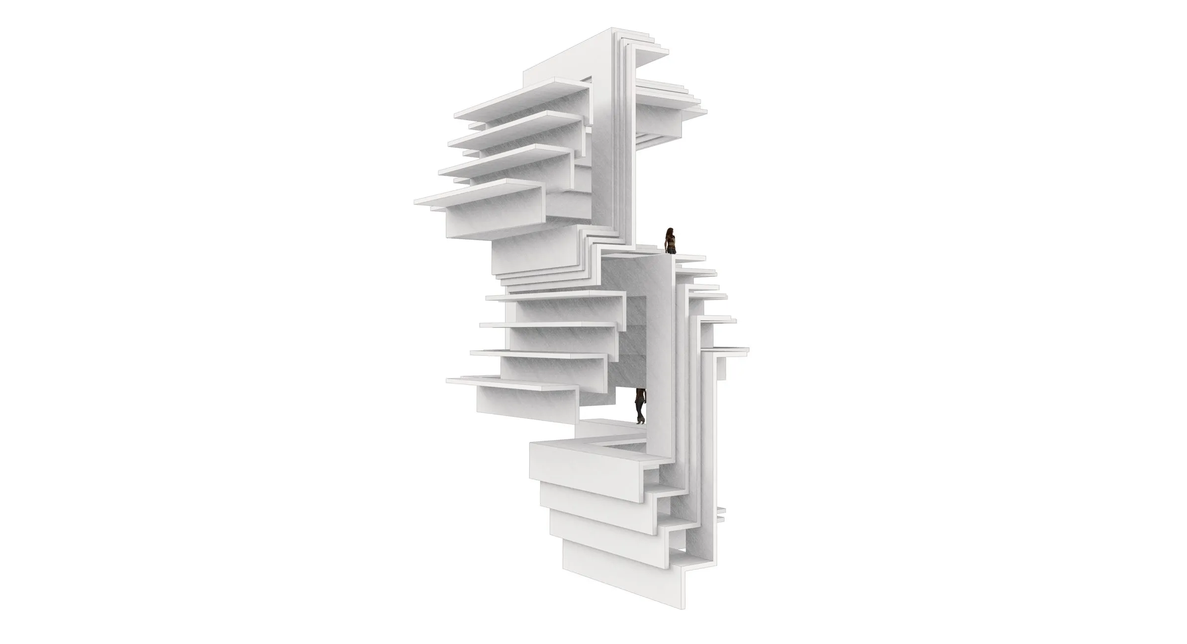 White rendering of one building part: a tall stack of thin slabs around a core, one figure at mid-height