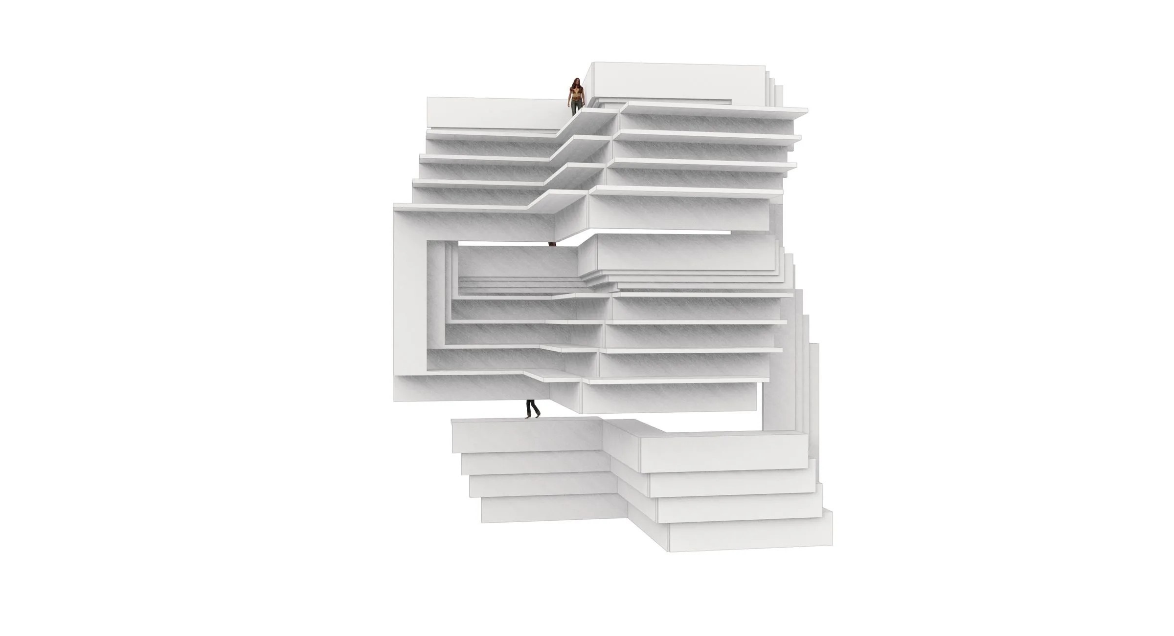 White rendering of one building part: wide slabs stepping in tiers, two figures for scale