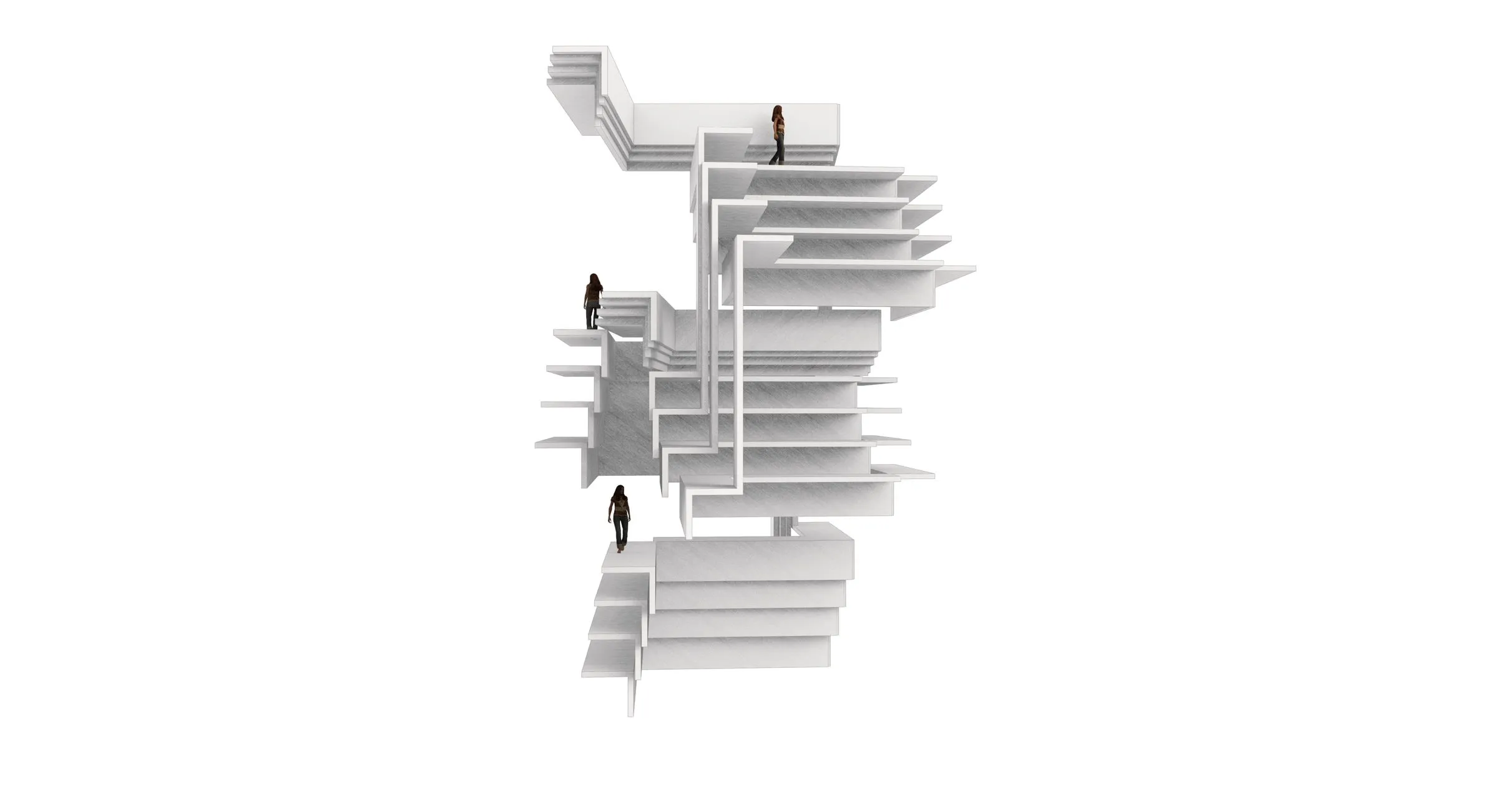 White rendering of one building part: a tall stack of slabs and stairs with three figures for scale