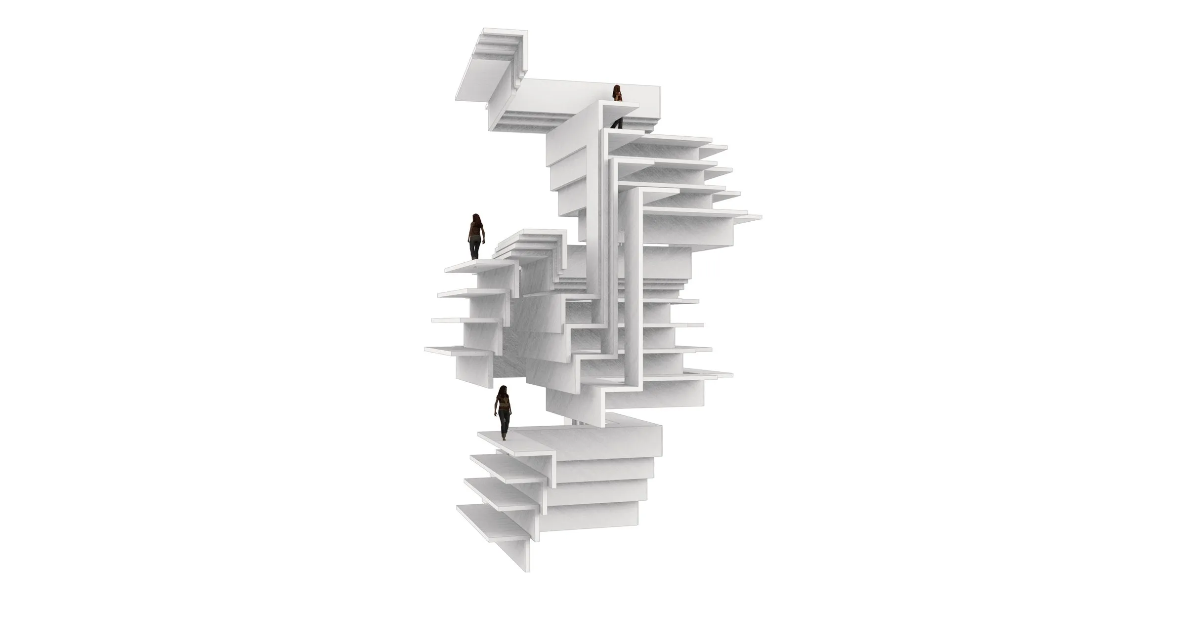 White rendering of one building part: a tall stack of slabs and stairs with figures on three levels