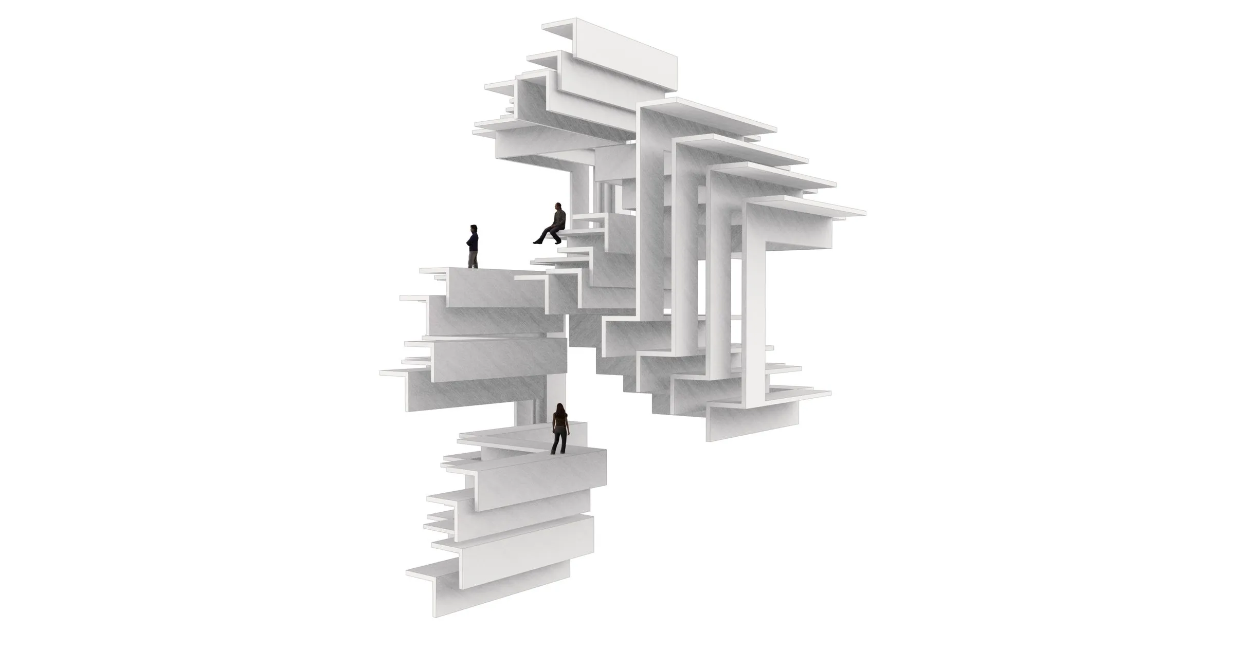 White rendering of one building part: thin columns carrying two decks of slabs, two figures walking between them