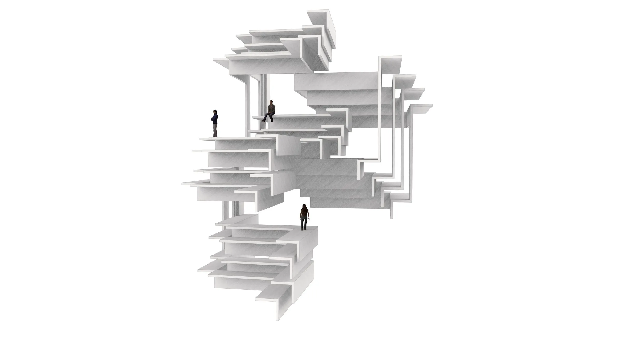 White rendering of one building part: slabs, stairs and terraces branching in several directions, three figures standing on them