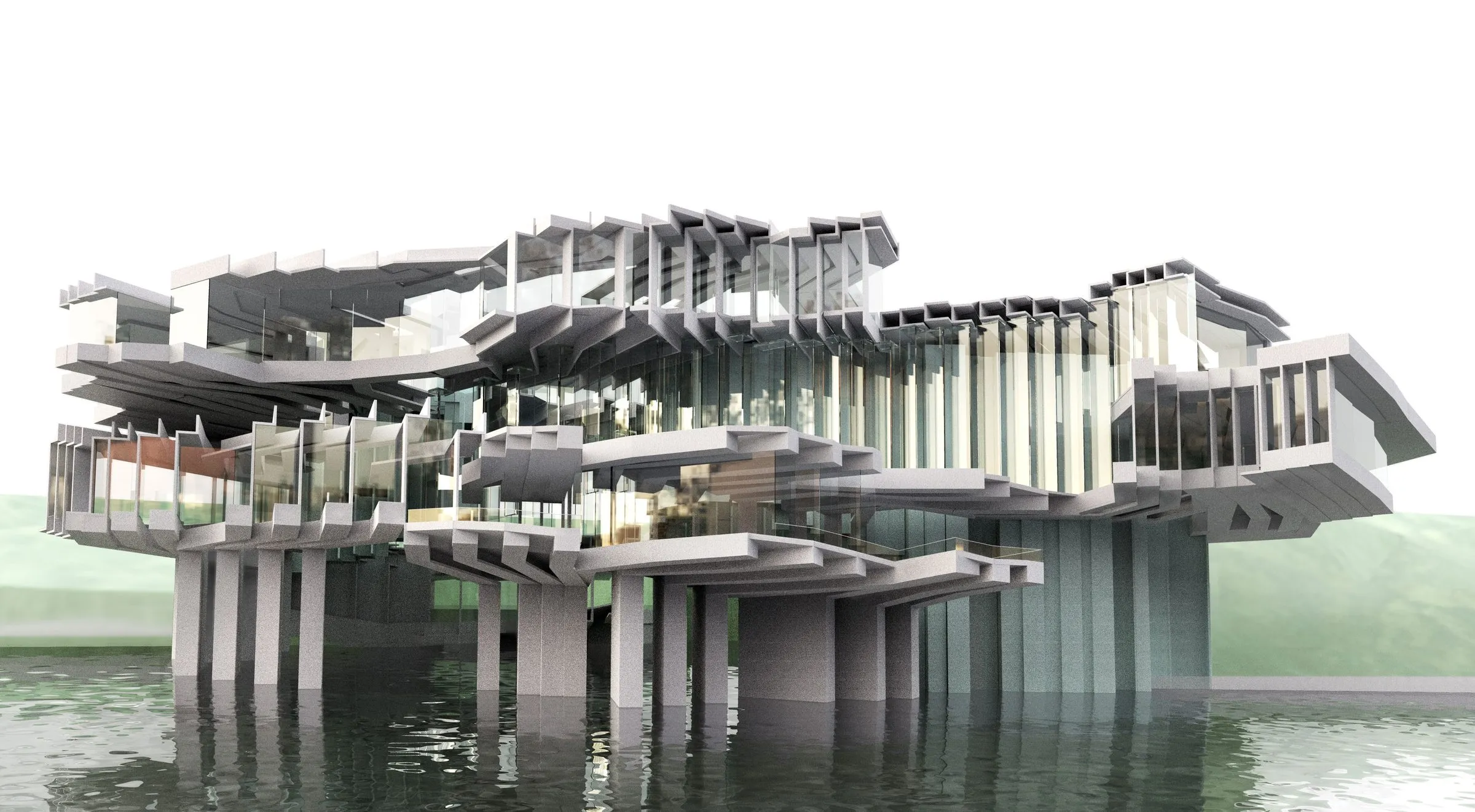 Rendering of the concert centre from across the water: layered concrete slabs and thin columns standing on stilts over the river