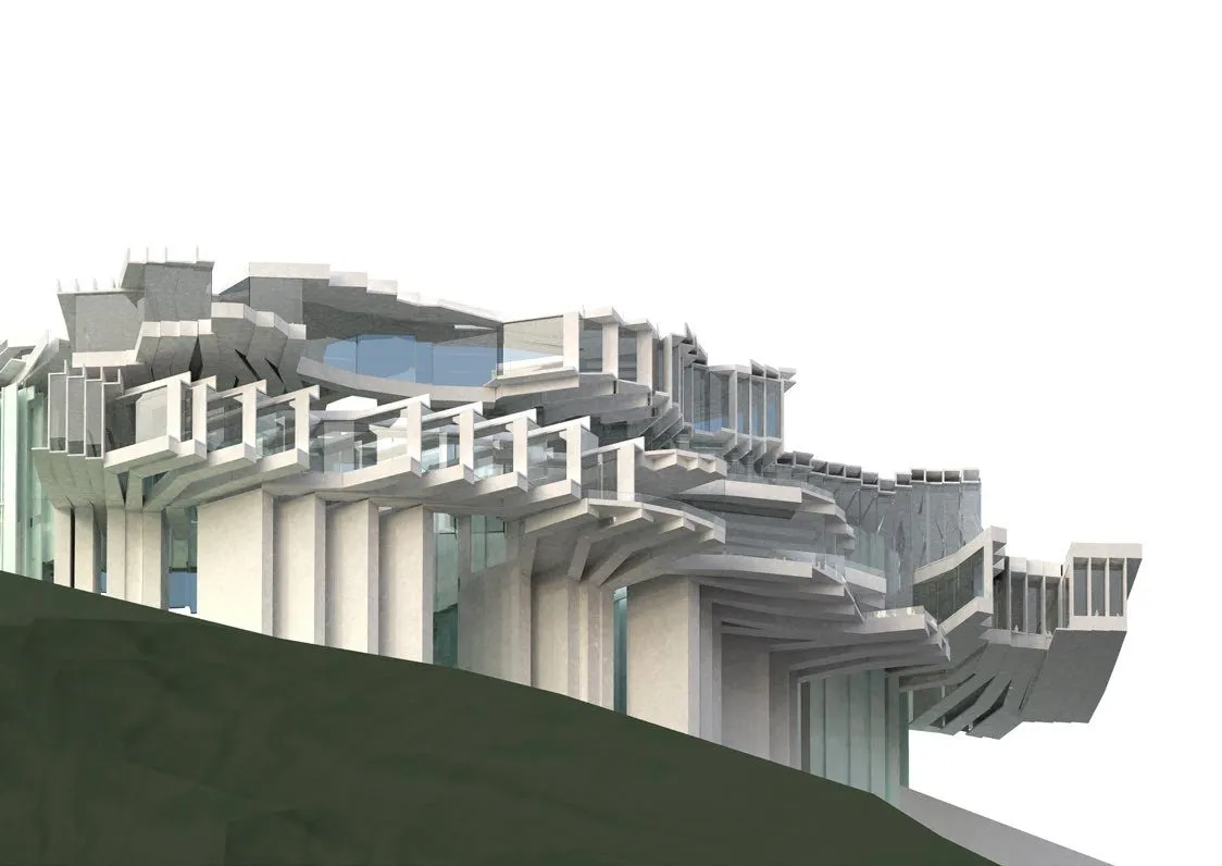 Rendering of the building from the grassy slope, its terraces stepping toward the water