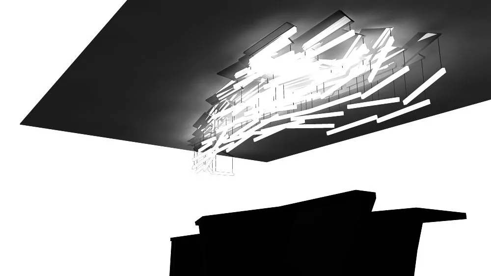 Rendering of the light-pole cluster as a free-standing object, white rods bundled on a black ground
