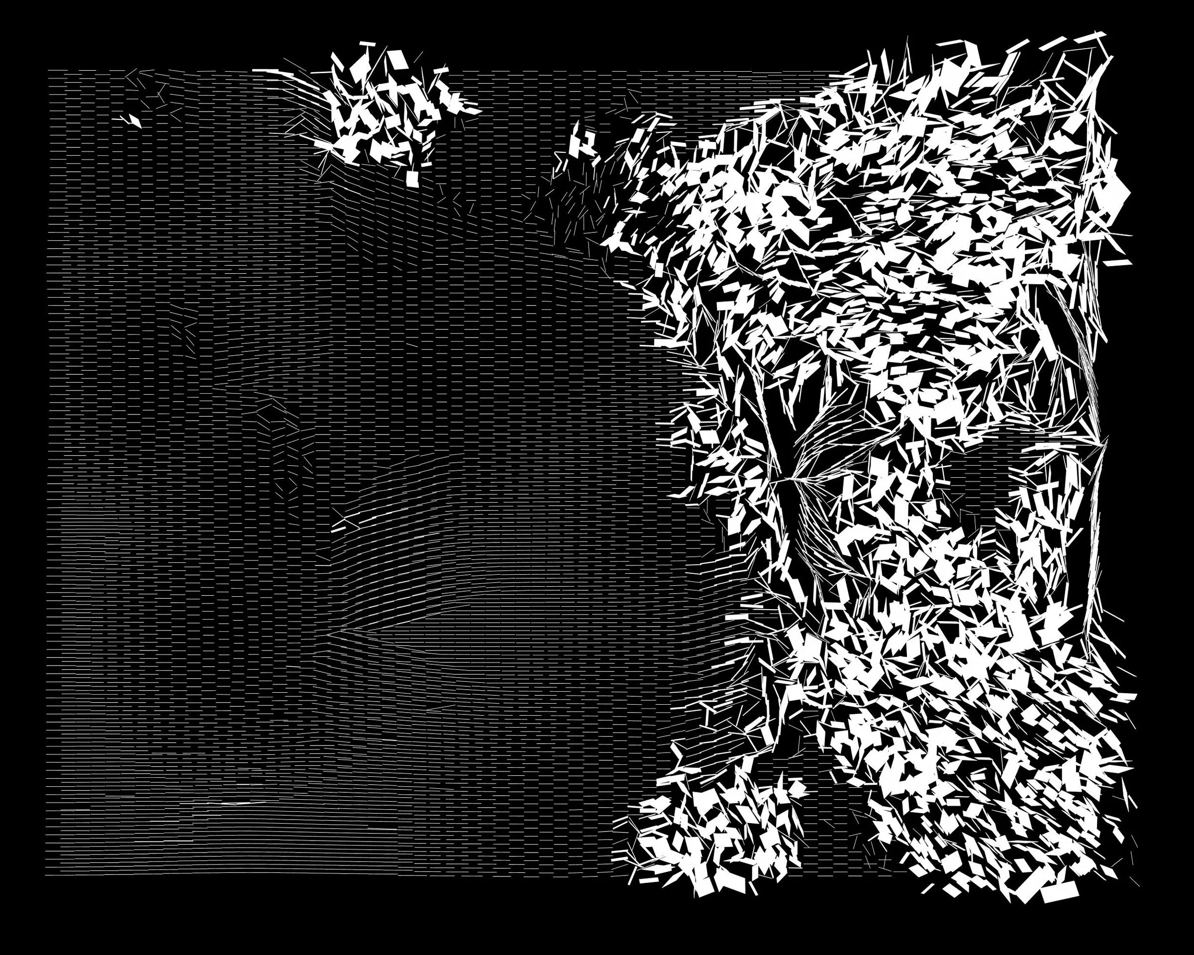 Black-and-white pattern study: a fine grid dissolving into a dense scatter of white flakes