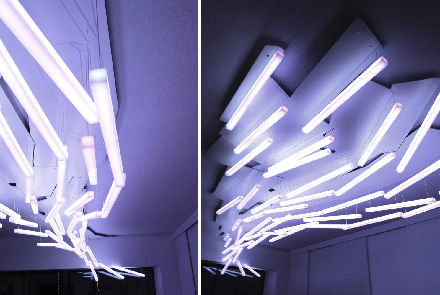Ten small renderings in a grid, each a different configuration of the light poles in the plan of the room