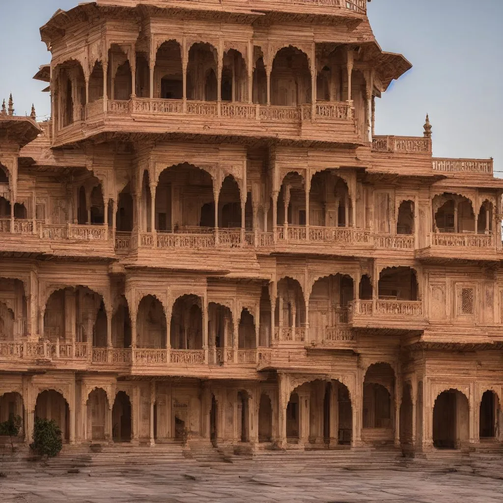 A generated large house in the manner of Agra, seen from the side in its city context
