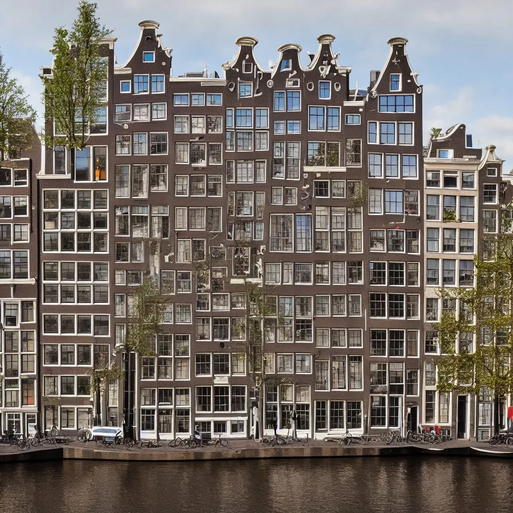 A generated large house in the manner of Amsterdam, seen from the side in its city context