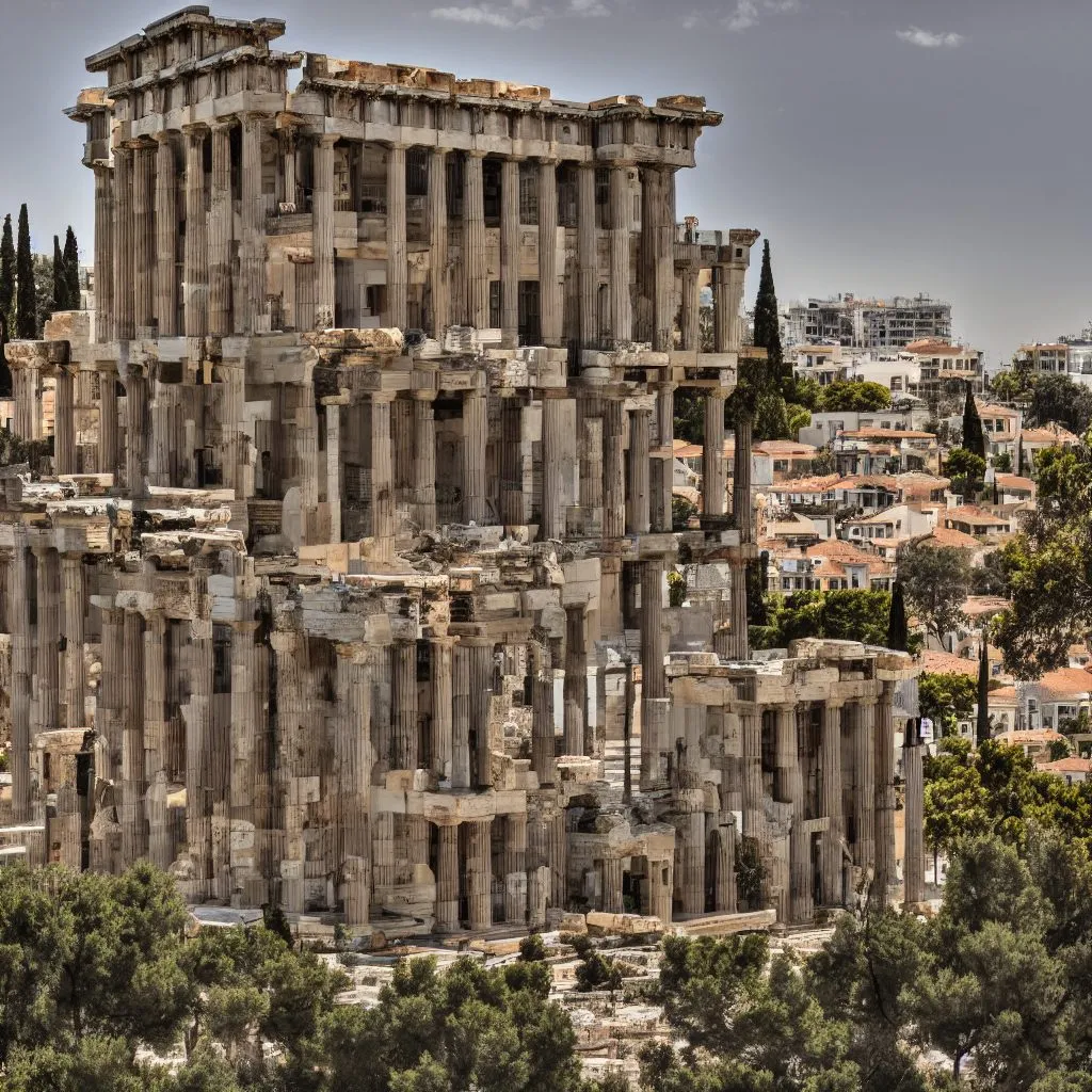A generated large house in the manner of Athens, seen from the side in its city context