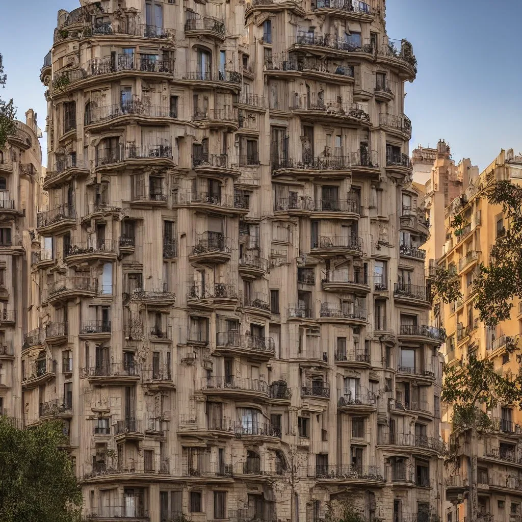 A generated large house in the manner of Barcelona, seen from the side in its city context