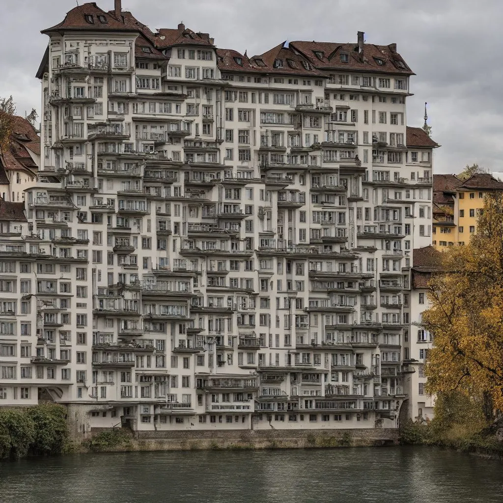 A generated large house in the manner of Basel, seen from the side in its city context
