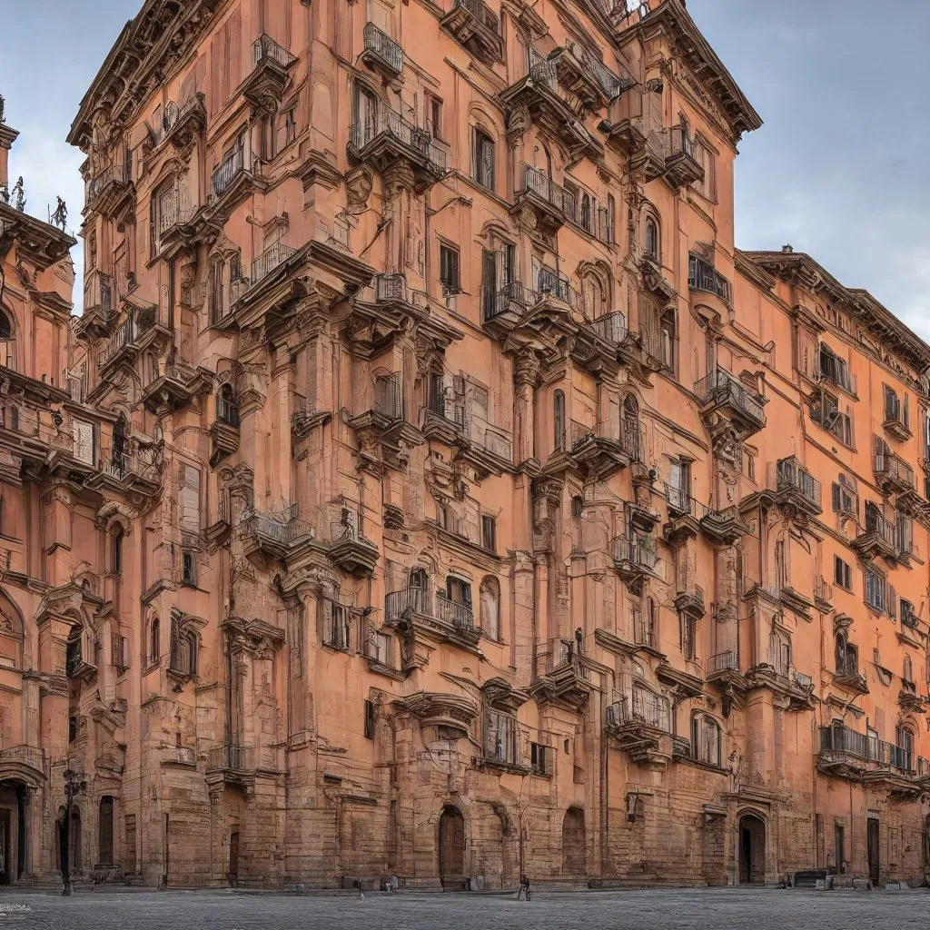A generated large house in the manner of Bologna, seen from the side in its city context