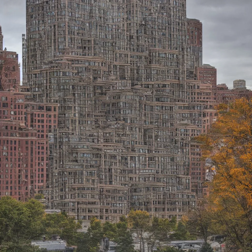 A generated large house in the manner of Boston, seen from the side in its city context
