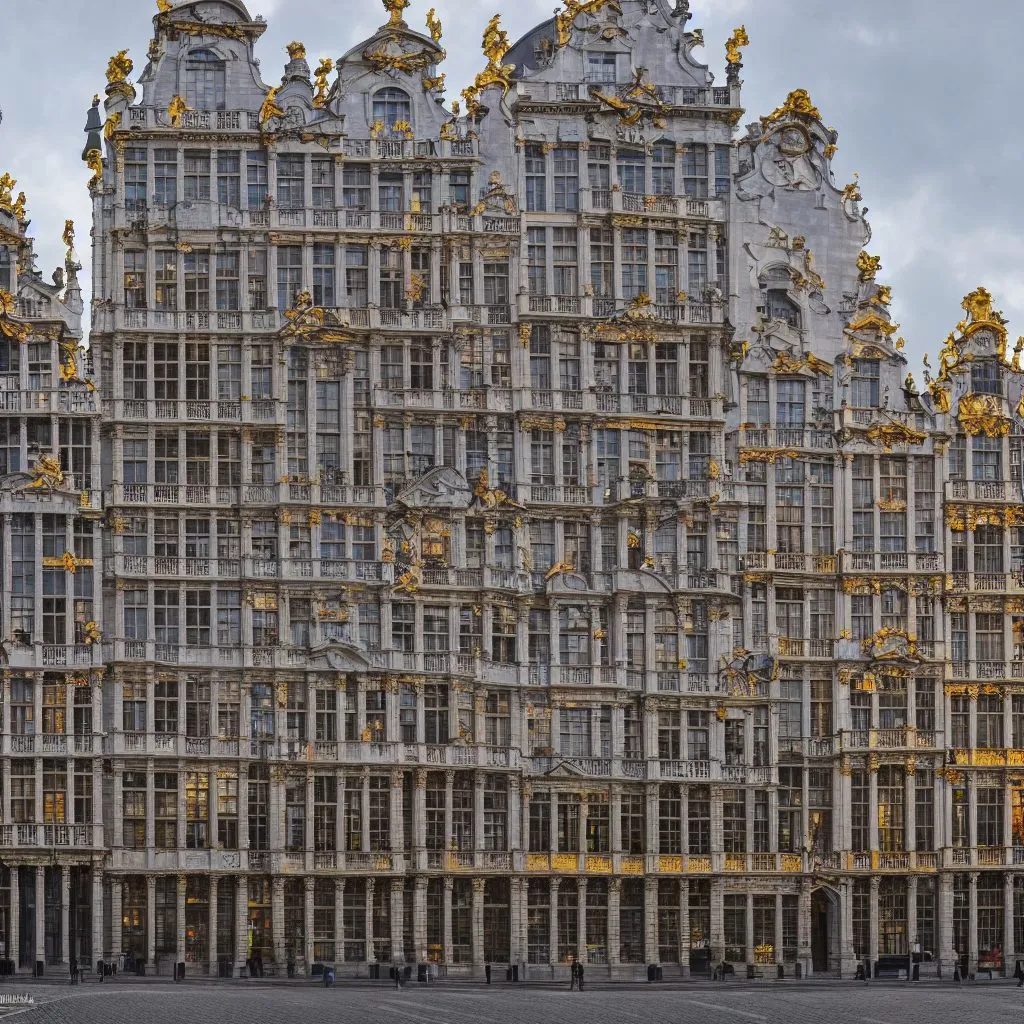 A generated large house in the manner of Brussels, seen from the side in its city context