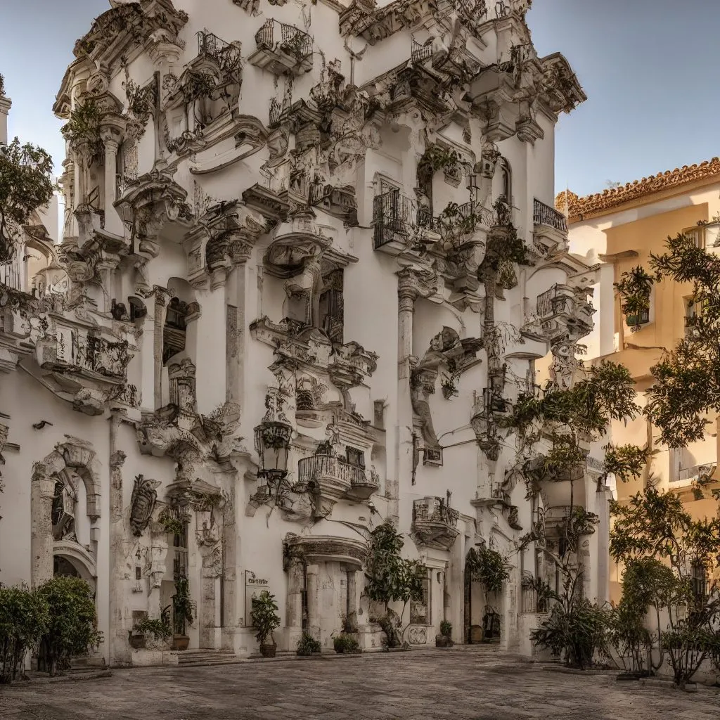 A generated large house in the manner of Córdoba, seen from the side in its city context
