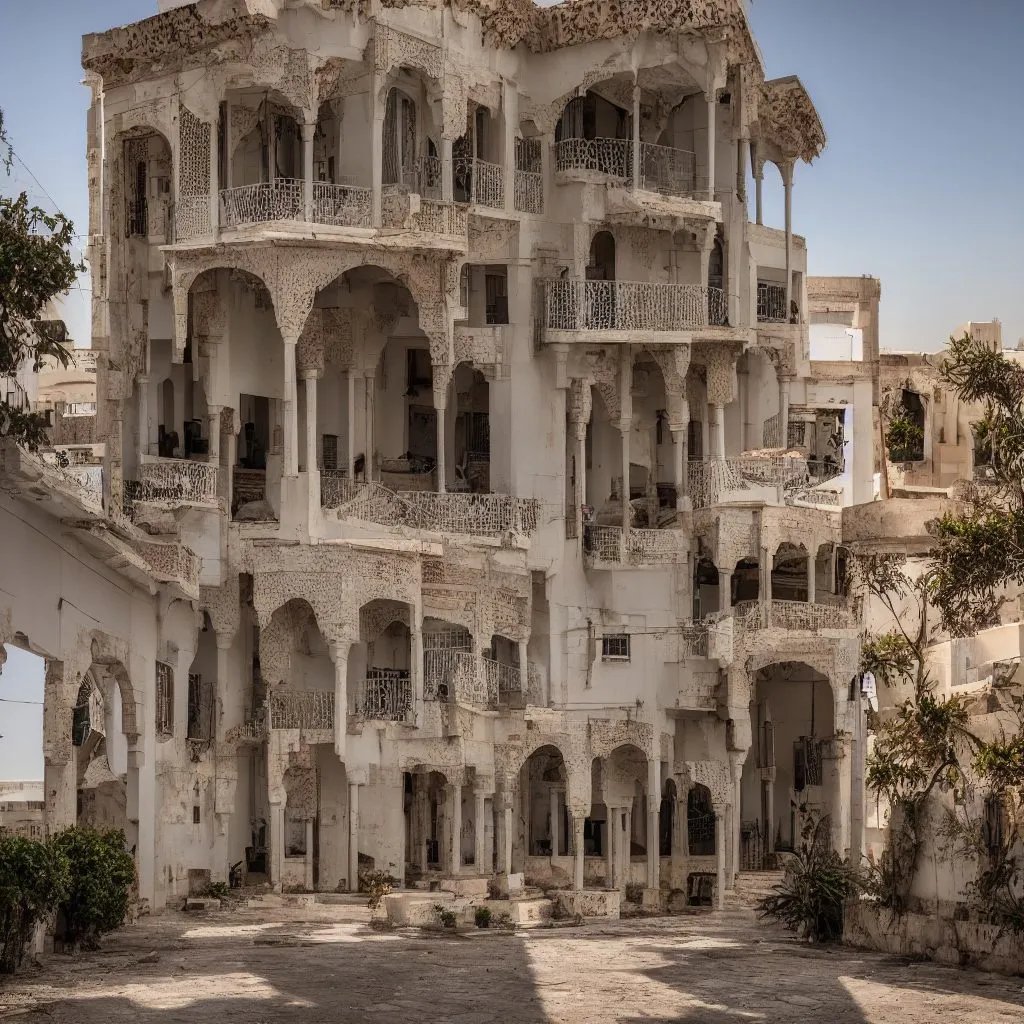 A generated large house in the manner of Can Tunis, seen from the side in its city context