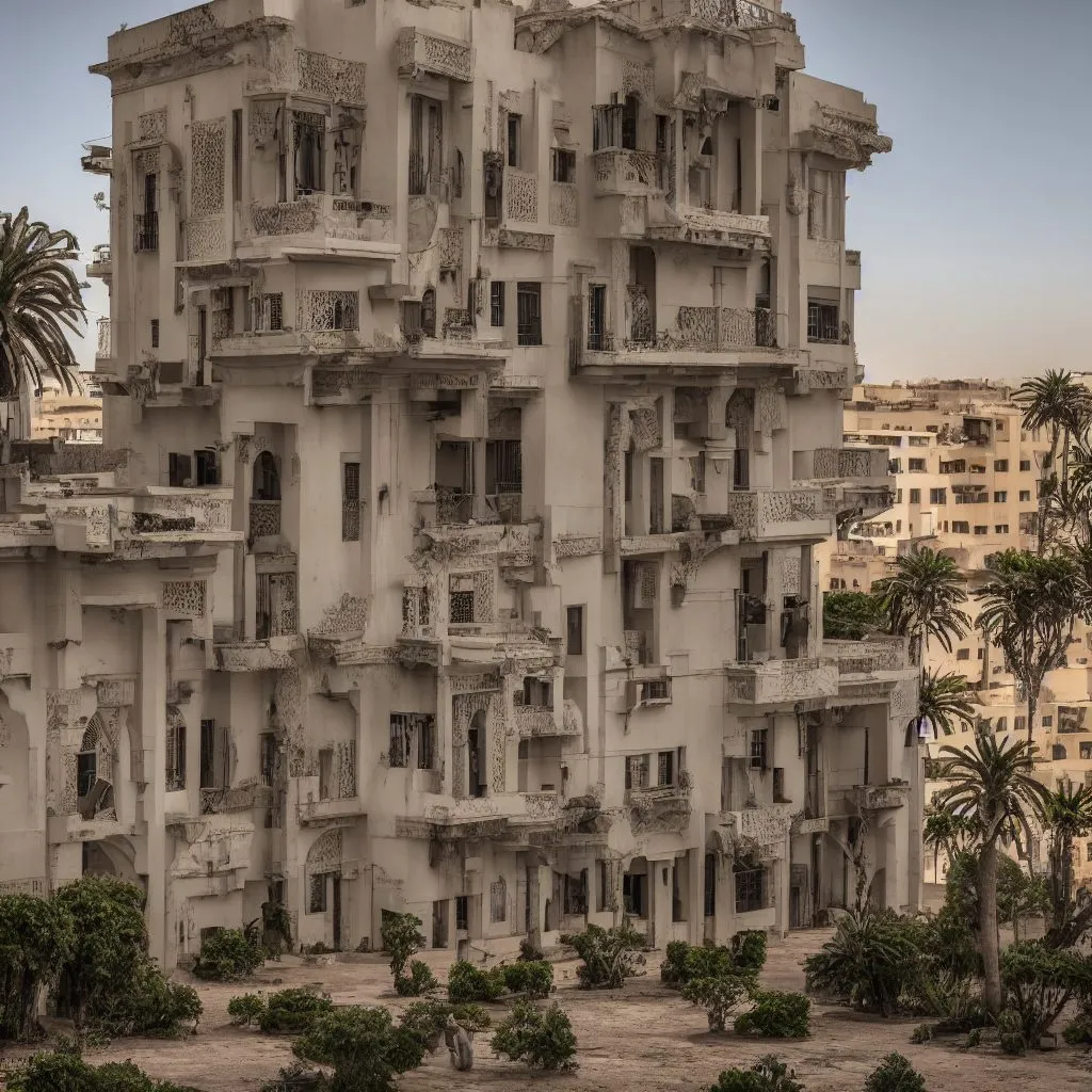 A generated large house in the manner of Casablanca, seen from the side in its city context