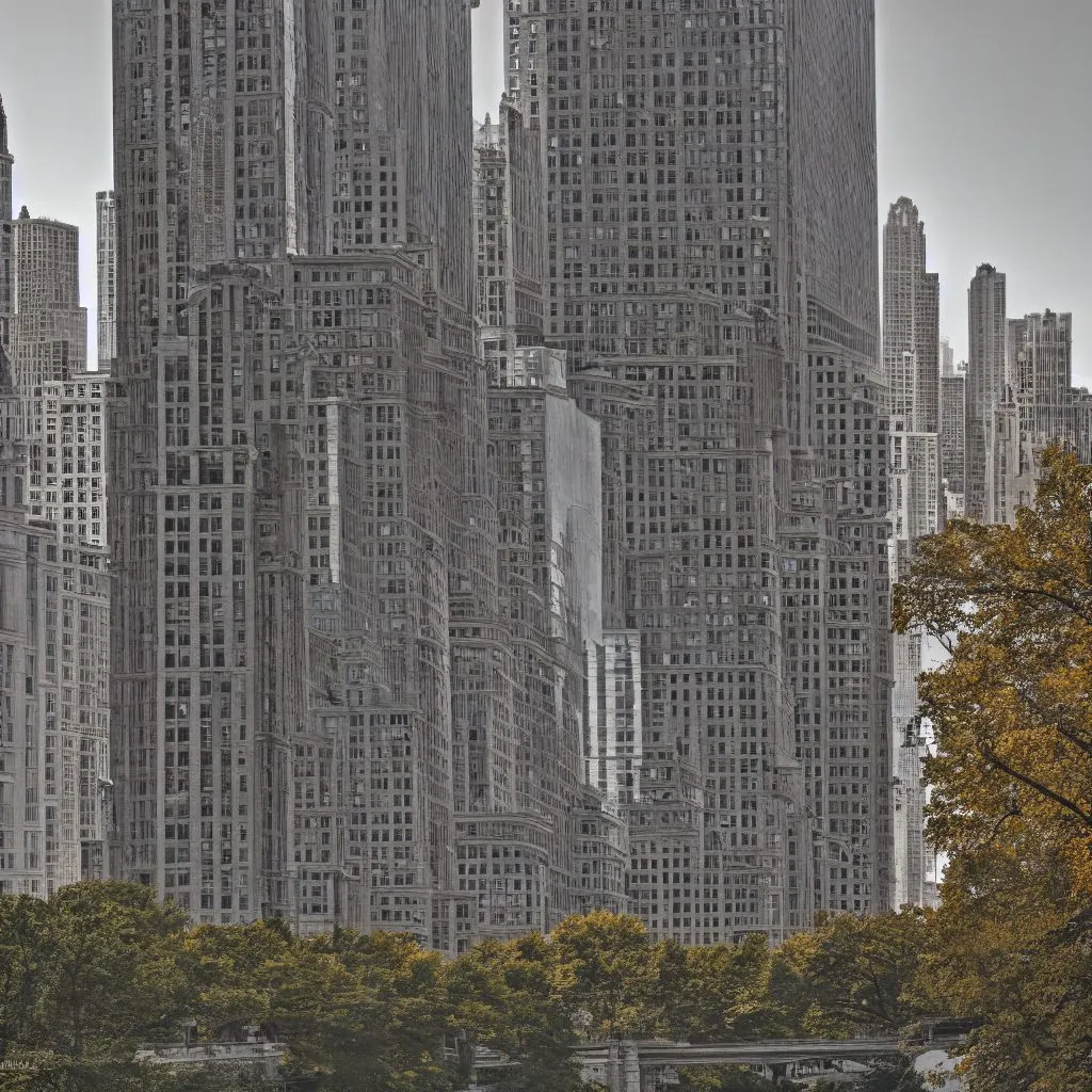 A generated large house in the manner of Chicago, seen from the side in its city context