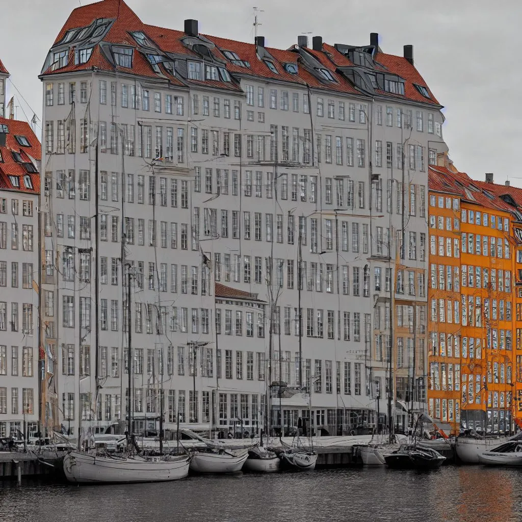 A generated large house in the manner of Copenhagen, seen from the side in its city context