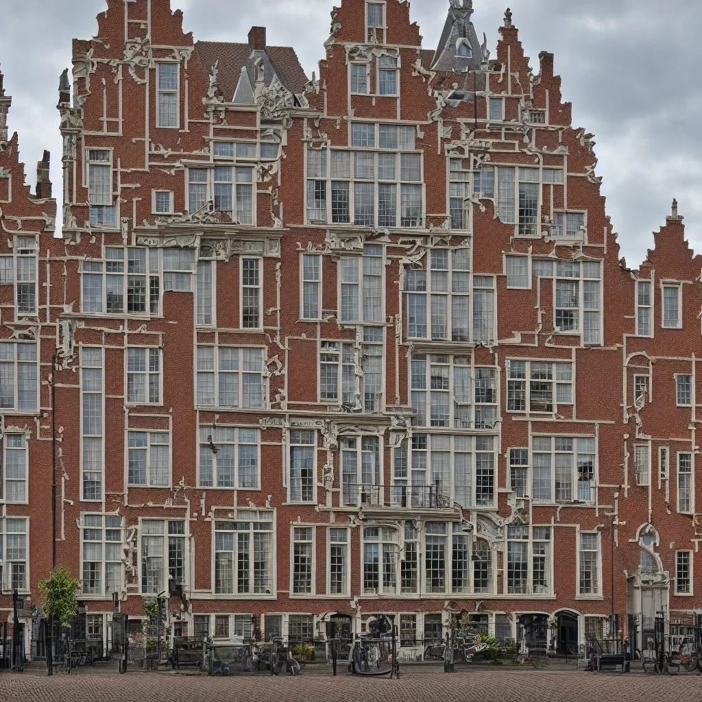 A generated large house in the manner of Delft, seen from the side in its city context