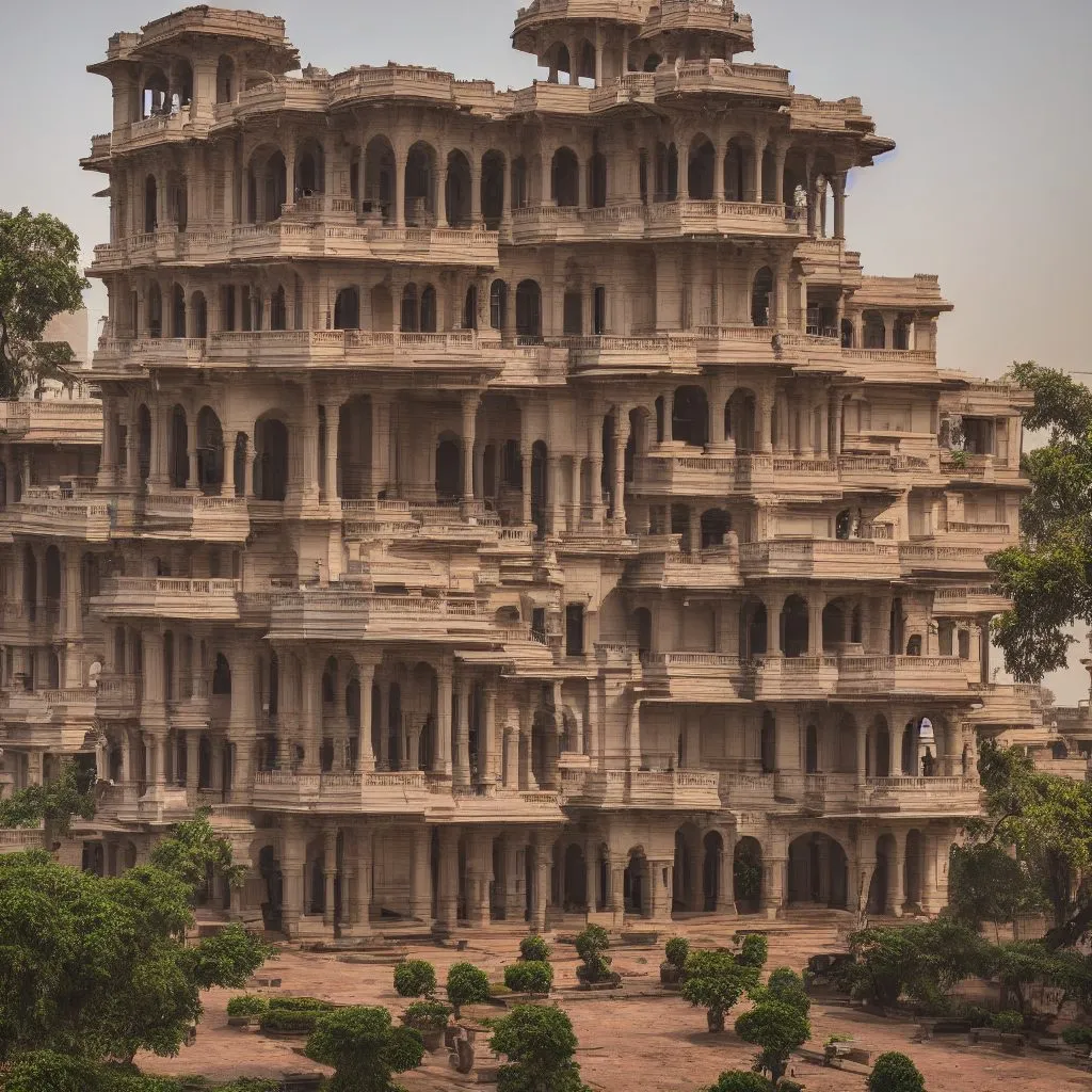 A generated large house in the manner of Delhi, seen from the side in its city context