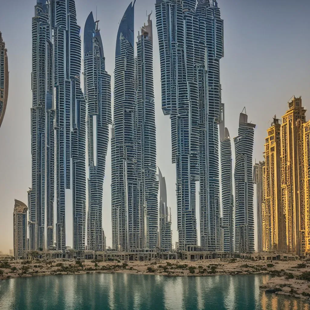 A generated large house in the manner of Dubai, seen from the side in its city context