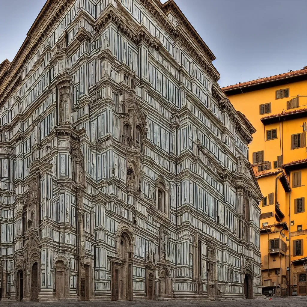 A generated large house in the manner of Florence, seen from the side in its city context