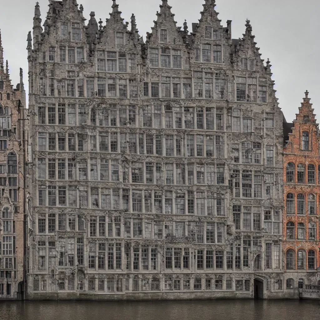 A generated large house in the manner of Ghent, seen from the side in its city context