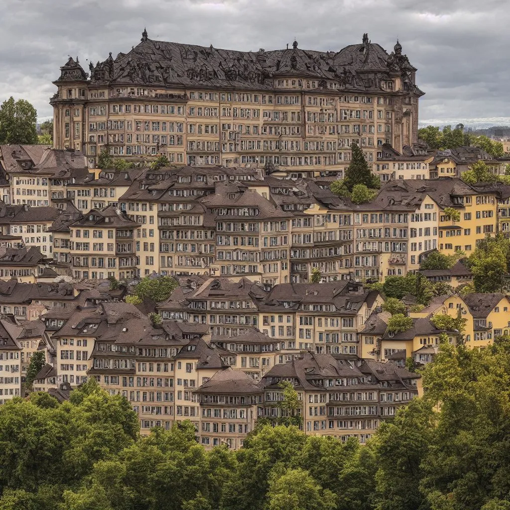 A generated large house in the manner of Heidelberg, seen from the side in its city context
