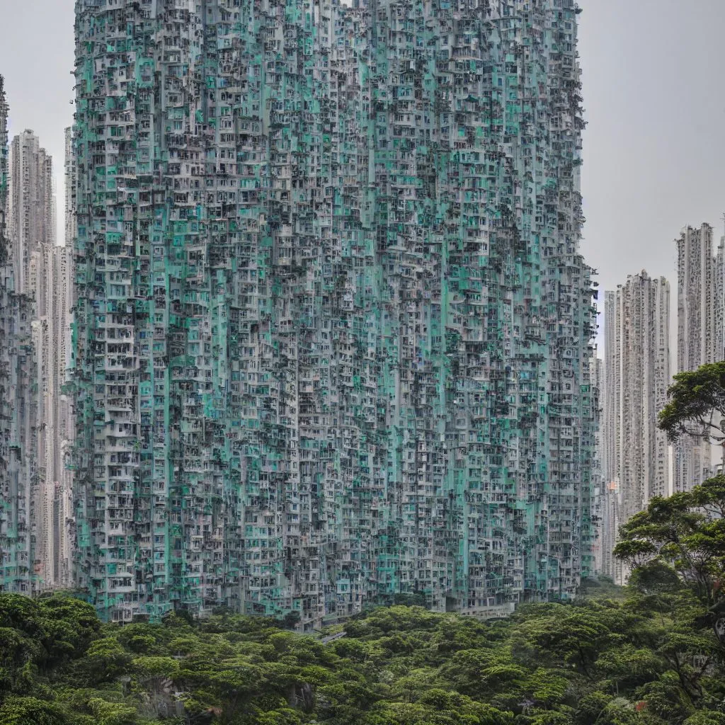 A generated large house in the manner of Hong Kong, seen from the side in its city context