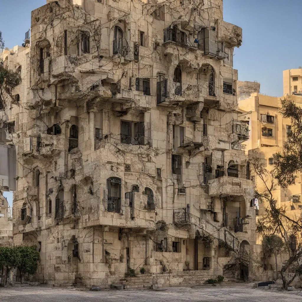 A generated large house in the manner of Jaffa, seen from the side in its city context