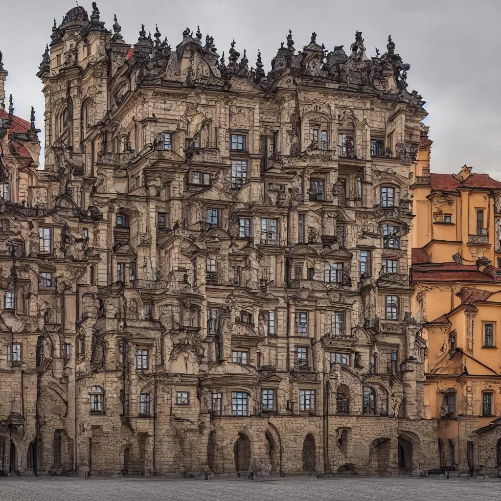 A generated large house in the manner of Krakow, seen from the side in its city context