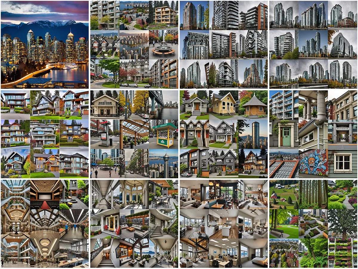 A four-by-four grid of generated city images, one architectural type per row, one city per column