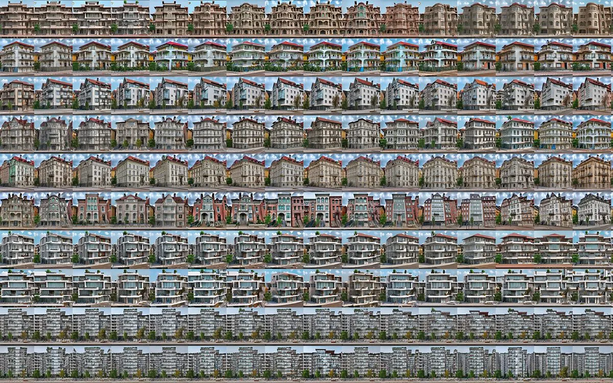 Rows of generated single-family houses for one city, nearly identical from image to image