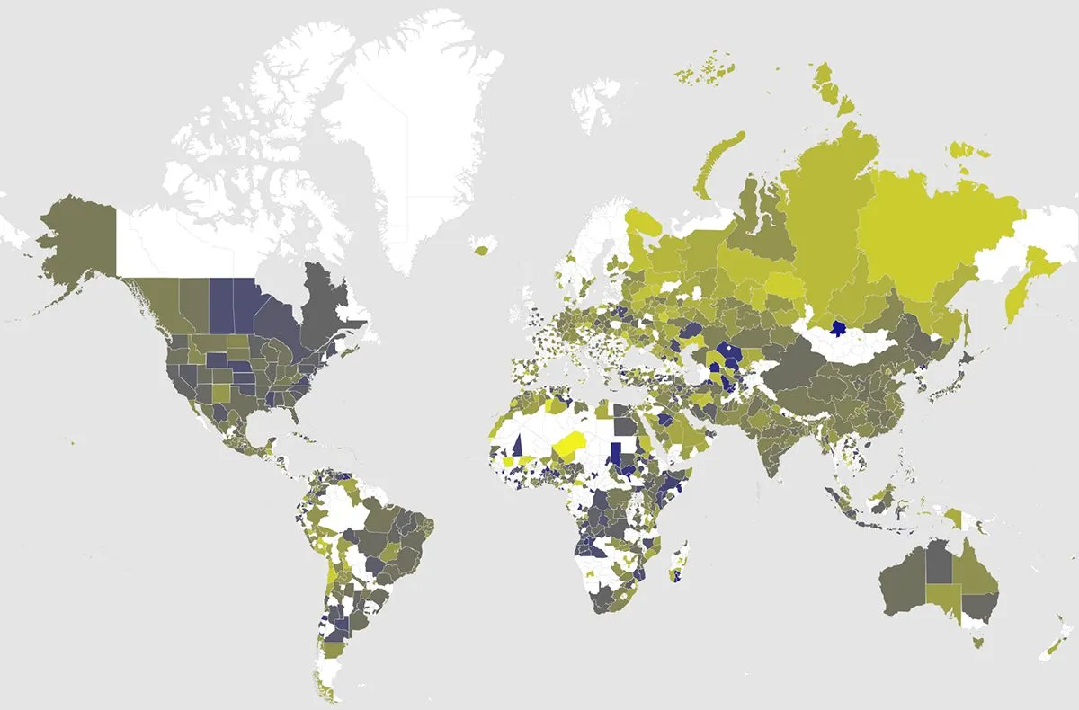 World map shaded by how strongly the generated images of each country's cities match their prompts