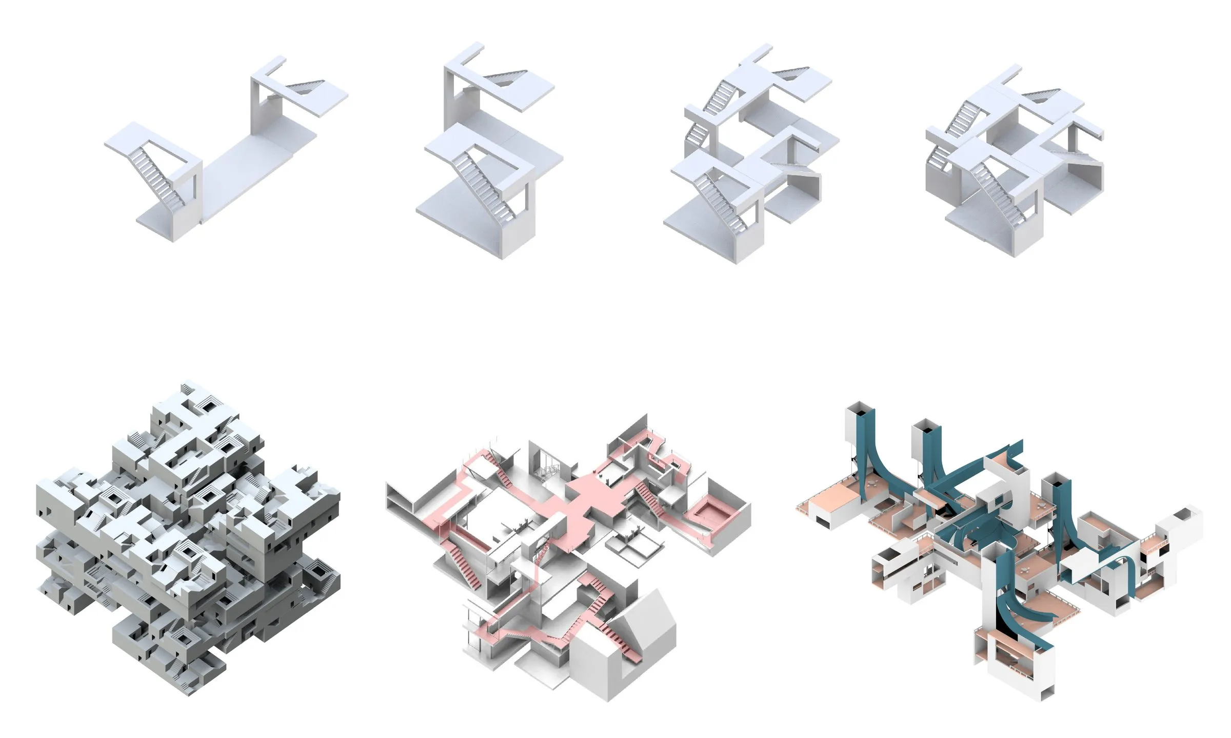 Four white part models above three coloured aggregates made from them